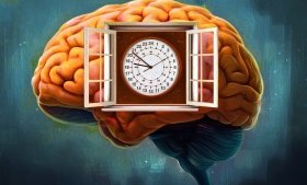 Illustration of a brain with an open window in the middle of it, revealing a clock inside. AI-generated image.
