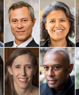 Eight Yale faculty members were inducted into the American Academy of Arts & Sciences for 2025. Top row, from left: Ned Blackhawk, Gary Brudvig, Jennifer Gandhi, and Valentina Greco. Second row: Marina Halac, Oona Hathaway, Caryl Phillips, and Philipp Strack.