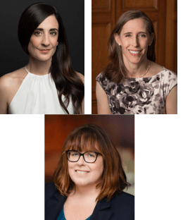 Clockwise from top left: Portraits of Marie-Helene Bertino, Oona Hathaway, and Molly Brunson.