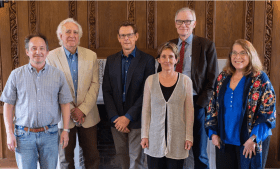 Yale College Dean Pericles Lewis with prizewinners Carlos Eire, John Lafferty, Adriane Steinacker, David Blight, and Margherita Tortora