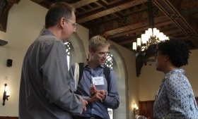 From left: Karsten Heeger, Eugene Higgins Professor of Physics and Chair of the Physics Department; Konrad Lehnert, Eugene Higgins Professor of Physics; and Anjelica Gonzalez, Professor of Biomedical Engineering and Head of Davenport College.