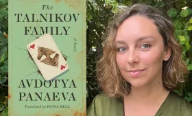 Fiona Bell with the cover of her translation of Avdotya Panaeva's "The Talnikov Family".