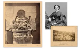 “Relics of Andersonville Prison” (left) is an 1866 photograph of objects left behind by prisoners held at the notorious Andersonville Prison (bottom right) during the Civil War. The objects were collected and arranged for the photo by Clara Barton (top right), shown here as photographed by the studio of Mathew Brady. (“Relics of Andersonville Prison” courtesy of the Metropolitan Museum of Art, New York; Barton portrait: U.S. National Archives; Andersonville Prison: Library of Congress)