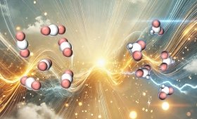 Illustration depicting a novel method for converting carbon dioxide (represented as circular, red and white molecules on the left) into the industrial compound formate (represented as circular, red and white molecules on the right). Image credit: Xiaofan Jia.