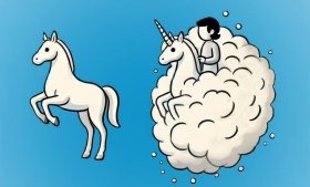 Image of white, cartoon-style horse (left) next to a similar white horse (right). The horse on the right is a unicorn surrounded by a cloud as a person sits atop it. Image credit: Alan Tsidilkovski with assistance from AI generative tools.