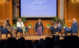 Yale faculty sitting on a stage. From left: Marcus Gardley, Hélène Landemore, Anjelica Gonzalez, Akiko Iwasaki, and Jim Levinsohn. Photo credit: Robert DeSanto.