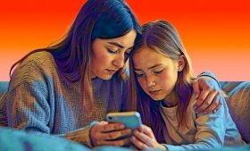 Illustration of a mother and daughter looking sad and anxious while holding a cell phone together. Image credit: Adobe Stock. 