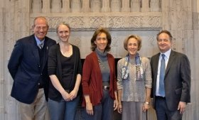 From left, George Levesque, dean of academic affairs in Yale College and secretary for Yale’s chapter of Phi Beta Kappa; award winners Sarah Demers, Christine Hayes, and Pam Schirmeister; and Pericles Lewis, dean of Yale College.