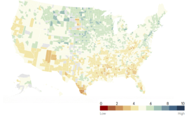 A map of the U.S. drawn from the CORE Score tool, which measures Americans' sense of economic security and opportunity, health, and political efficacy.
