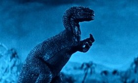 Still image of a tyrannosaurus rex model, captured from the 1925 movie, "The Lost World."
