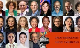 Portraits of the 2025 Carnegie Corporation Great Immigrants, including Priyamvada Natarajan and Akiko Iwasaki. 