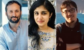 Portraits of the 2024-25 Heyman Prize and Greer Prize winners. From left: Sam McDougle, Priyasha Mukhopadhyay, and Junliang Shen.