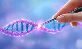 AI-generated image depicting a hand holding a pair of tweezers that are being used on a glowing strand of DNA. Image credit: Adobe Stock.