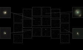 This image shows a simulated observation from NASA’s Nancy Grace Roman Space Telescope with an overlay of its Wide Field Instrument’s field of view. More than 20 gravitational lenses, with examples shown at left and right, are expected to pop out in every one of Roman’s vast observations. Science: NASA, Bryce Wedig (Washington University in St. Louis), Tansu Daylan (Washington University in St. Louis) Image: Joseph DePasquale (STScI)