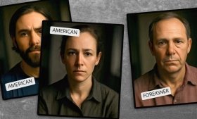 AI-generated illustration that shows a collage of three people's headshots, each overlain by a label that says "AMERICAN" or "FOREIGNER". Illustration by Michael S. Helfenbein with Adobe Stock and AI-generated images.