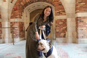 Moeko Fujii, Assistant Professor of Film and Media Studies, with Handsome Dan. (Photo credit: Abiba Biao)