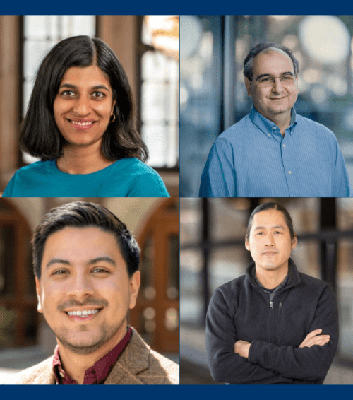Headshots of four faculty members, clockwise from top left: Alka Menon, Xenophon Papademetris, Ted Kim, and Julian Posada.