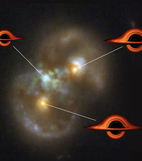 Image of the Infinity galaxy, observed with the James Webb Space Telescope. It is the result of a cosmic collision between two galaxies. The location of the possible newborn black hole is shown in the center, along with the two other black holes that were already present before the collision. Image credit: NASA, P. van Dokkum, G. Brammer.