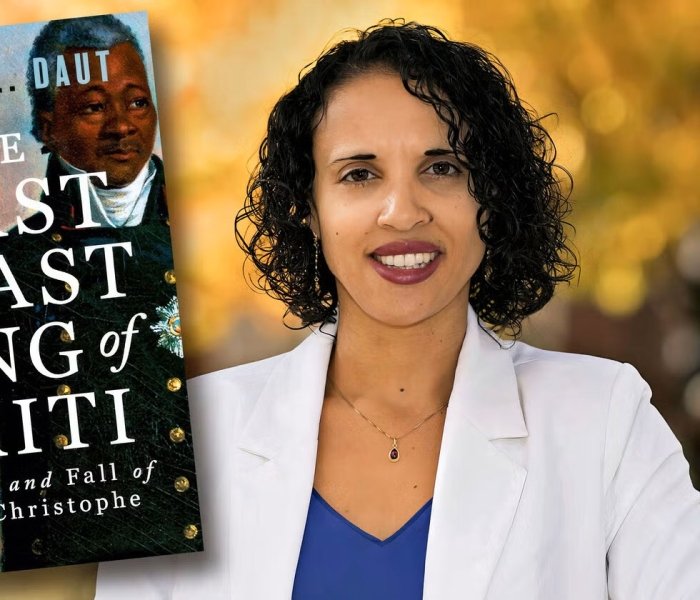 A headshot of Marlene L. Daut alongside the cover of her book, The First & Last King of Haiti: The Rise and Fall of Henry Christophe