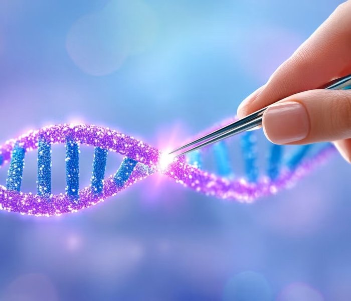 AI-generated image depicting a hand holding a pair of tweezers that are being used on a glowing strand of DNA. Image credit: Adobe Stock.