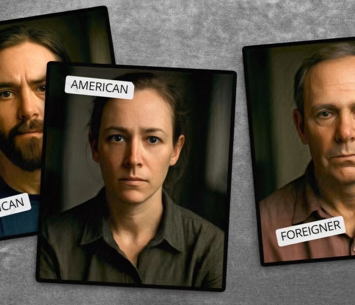 AI-generated illustration that shows a collage of three people's headshots, each overlain by a label that says "AMERICAN" or "FOREIGNER". Illustration by Michael S. Helfenbein with Adobe Stock and AI-generated images.