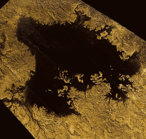 Ligeia Mare, shown here in a false-color image from NASA’s Cassini mission, is the second largest known body of liquid on Saturn’s moon Titan. 