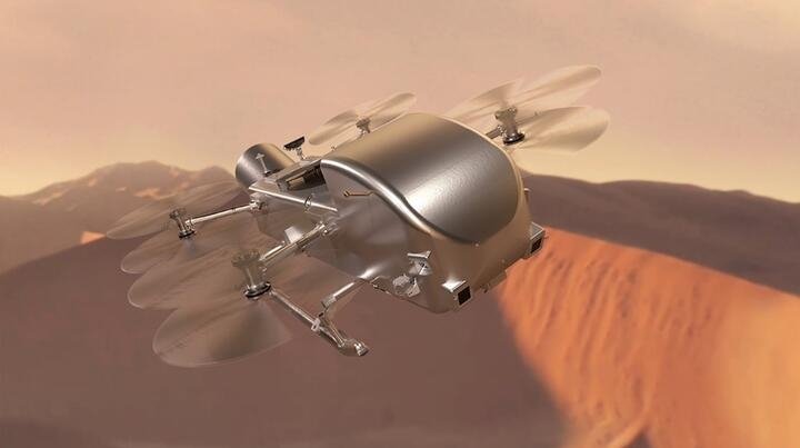 Artist’s rendition of Dragonfly soaring over the dunes of Saturn’s moon Titan