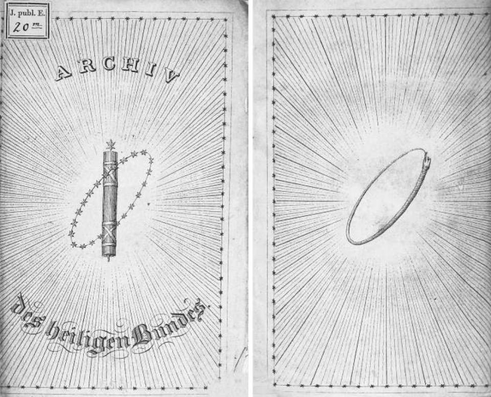 A photo of the cover of a contemporary book about the Holy Alliance, titled Archiv des Heiligen Bundes: Enthaltend die denselben betreffenden Aktenstucke, Literatur, Nachrichten u. Urtheile.