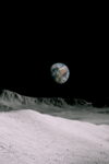 Landscape of the moon's surface with a view of Earth in the distant skies. 