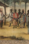 Painting depicting a weding, presided by a white friar holding a book, and surrounded by several black Africans, of which two are richly dressed and holding hands, which suggests marriage. 