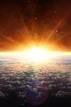 An image where a horizon line divides the upper and bottom half. At the top, outer space can be seen, while the sky of planet earth can be seen on the bottom. Right at the center of the horizon, a beam of light emerges like a nascent sun. 