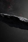 Painting of a flat and elongated asteroid. 