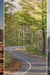 Three pictures, side by side, of landscapes: two of them show a city landscape, while one shows a road on a rural place.