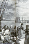 An 1887 engraving shows newly arrived immigrants gathered on the steerage deck of an ocean steamer as it passes the Statue of Liberty. Black and white. 
