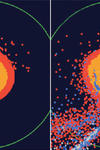 Two models, side by side, of the impact of an object with Earth. In both models, concentric circles depict planet Earth while a plotting of red and blue dots scatter around the circles. 