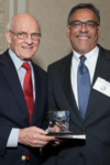 Deputy Provost Richard Bribiescas, at right, presented Dieter Söll with the 2015 Postdoctoral Mentoring Prize. (Photo courtesy of Harold Shapiro)