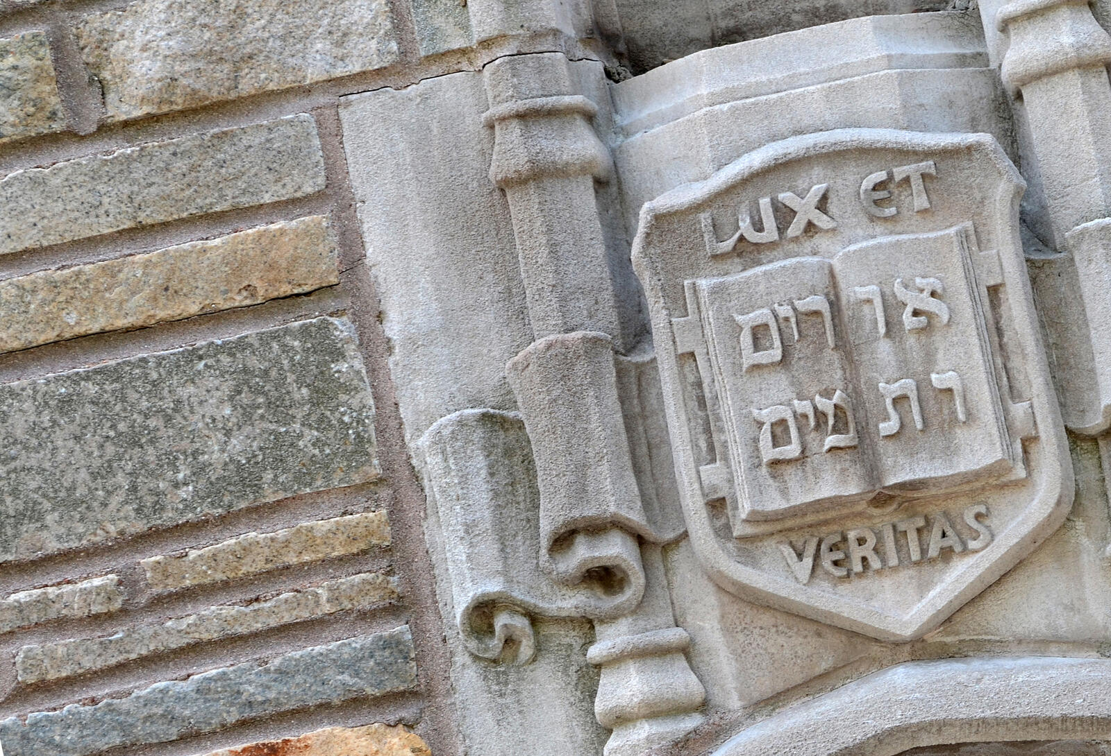 A carved stone shield is makes up a wall over an arched window. The shield is emblazoned with the text "lux et veritas," Yale's motto.